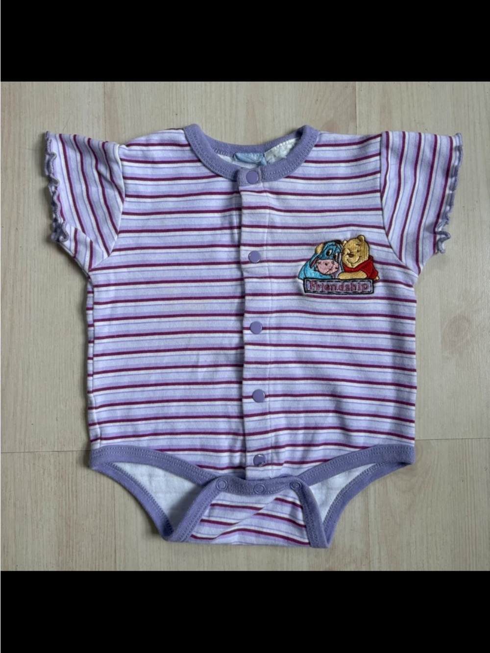 Vintage striped purple onesie with Winnie the Pooh patch